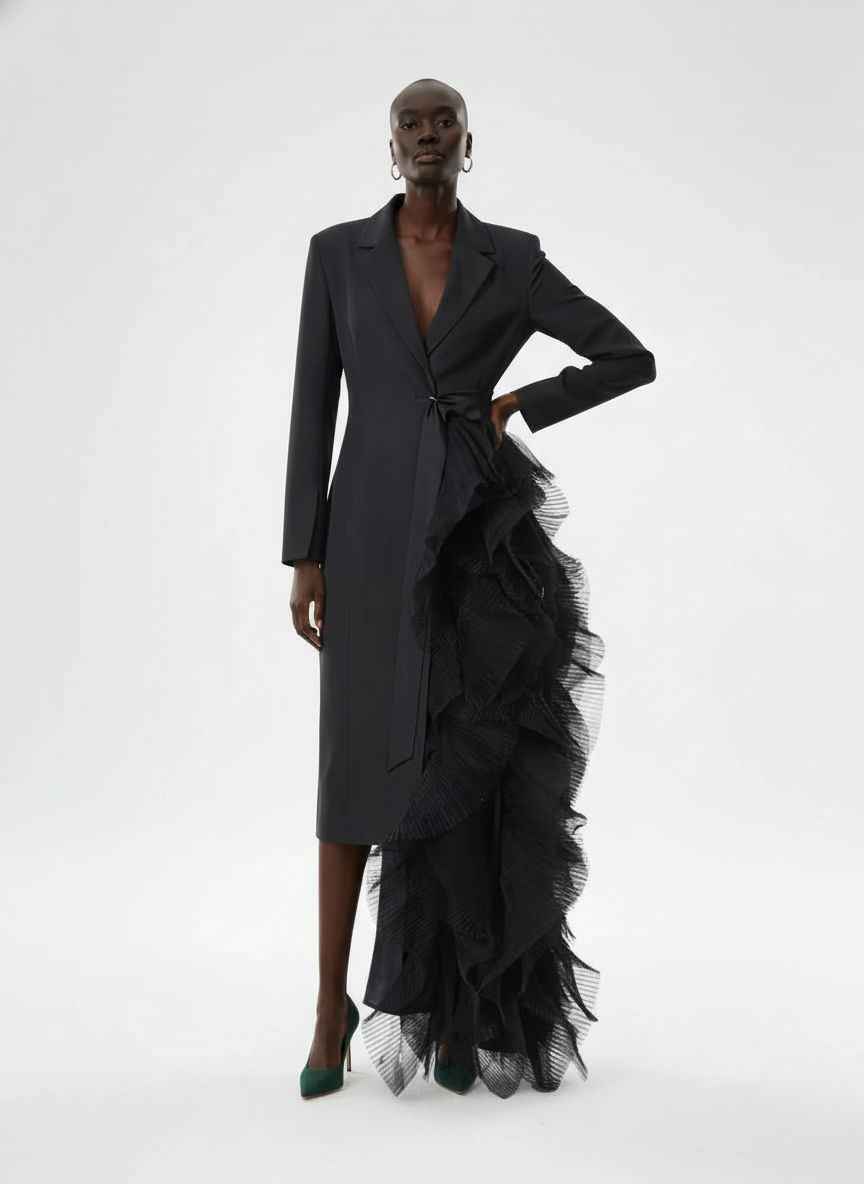 Asymmetric Ruffle Cascade Coat Dress