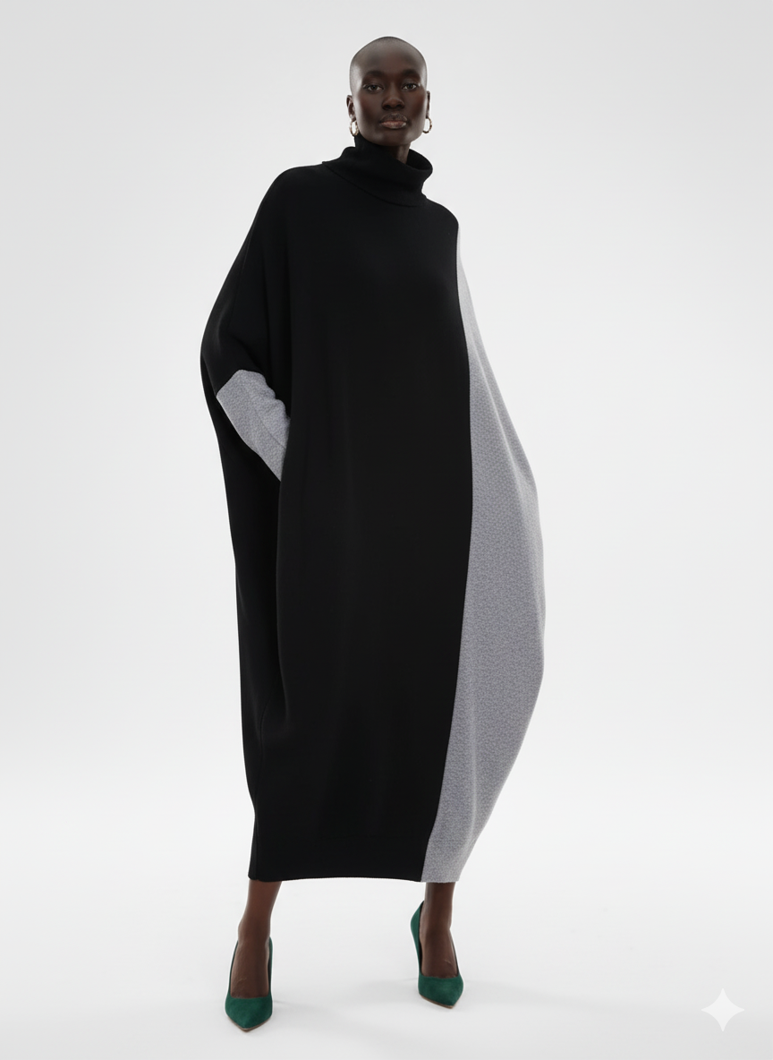 Color-Block Turtleneck Maxi Sweater Dress - 3 day shipping