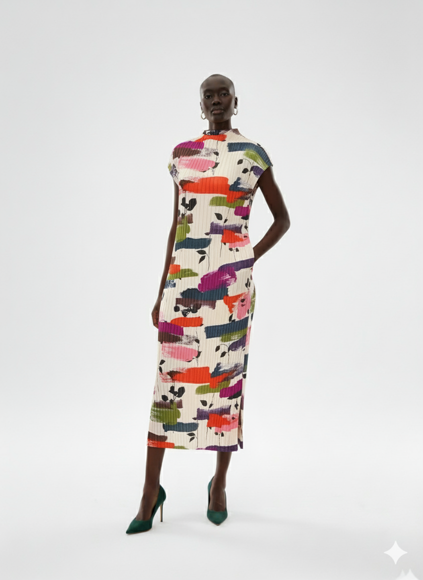 Abstract Floral Pleated Print Midi Dress