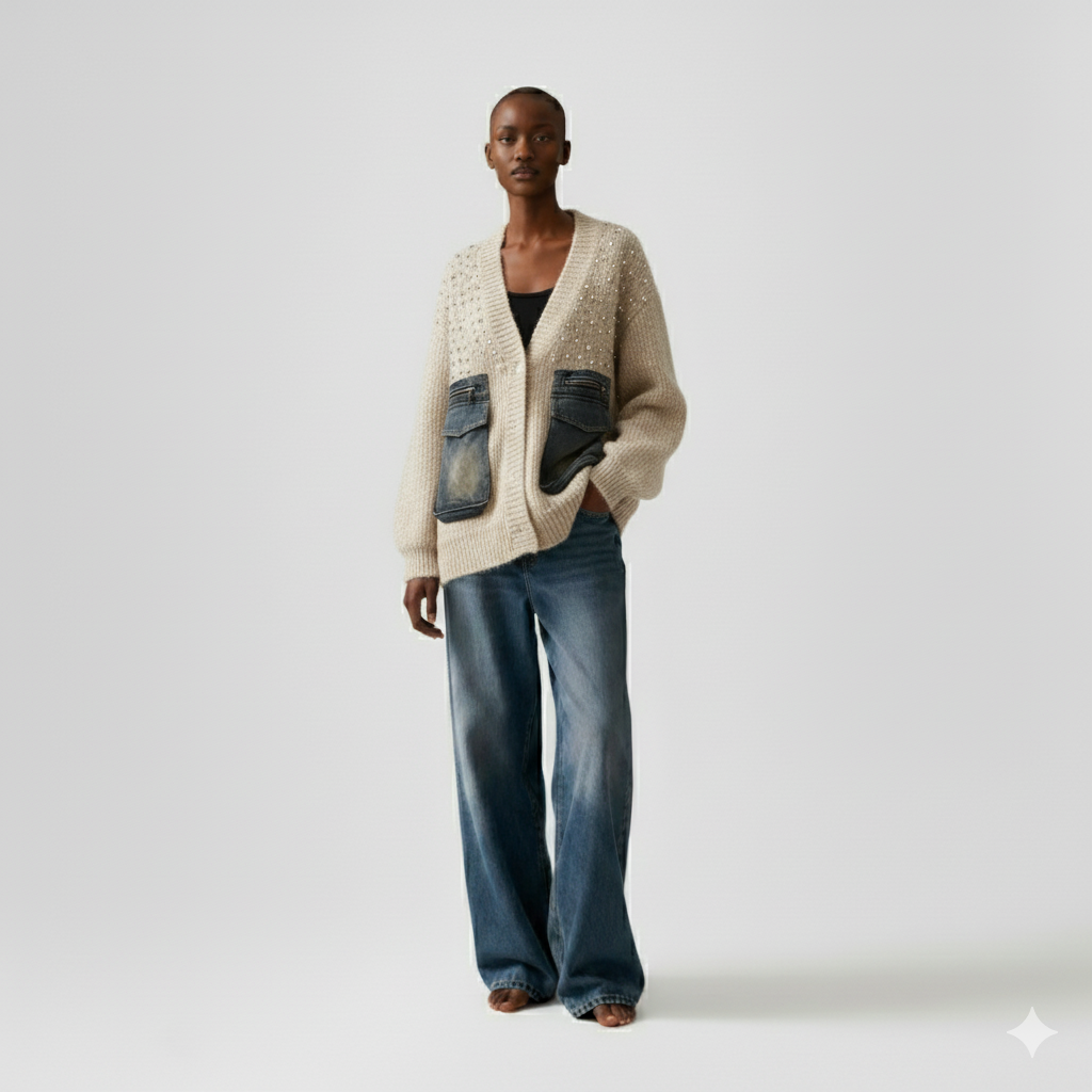 Mohair Blend Sparkle Cardigan with Denim Utility Pockets