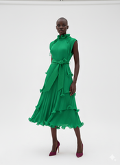 High‑Neck Pleated Tiered Midi Dress