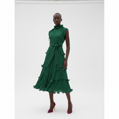 High‑Neck Pleated Tiered Midi Dress