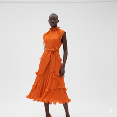 High‑Neck Pleated Tiered Midi Dress