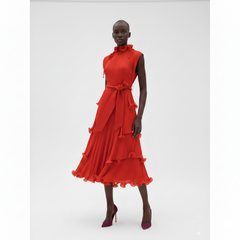 High‑Neck Pleated Tiered Midi Dress