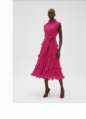 High‑Neck Pleated Tiered Midi Dress