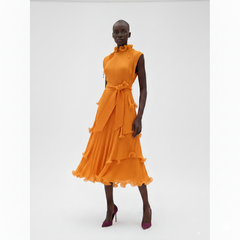 High‑Neck Pleated Tiered Midi Dress