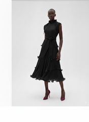 High‑Neck Pleated Tiered Midi Dress