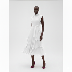 High‑Neck Pleated Tiered Midi Dress