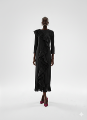 Elegant Forest‑Pleated Ruffle Midi Dress