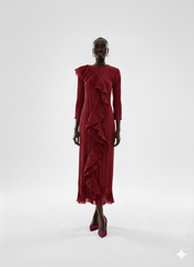 Elegant Forest‑Pleated Ruffle Midi Dress