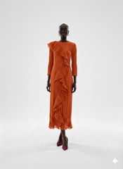 Elegant Forest‑Pleated Ruffle Midi Dress