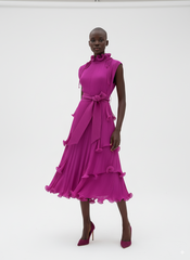 High‑Neck Pleated Tiered Midi Dress