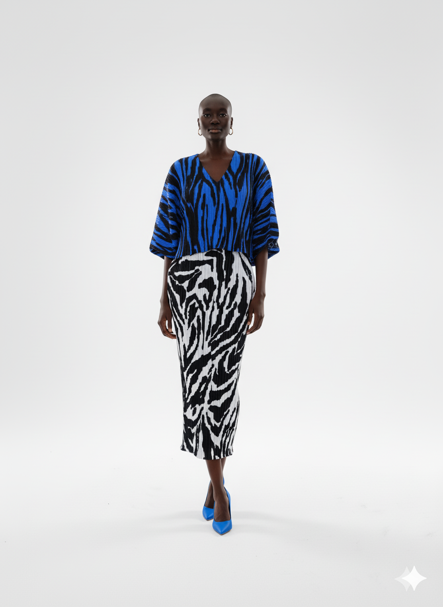 Zebra Print Contrast Pleated Batwing Maxi Dress