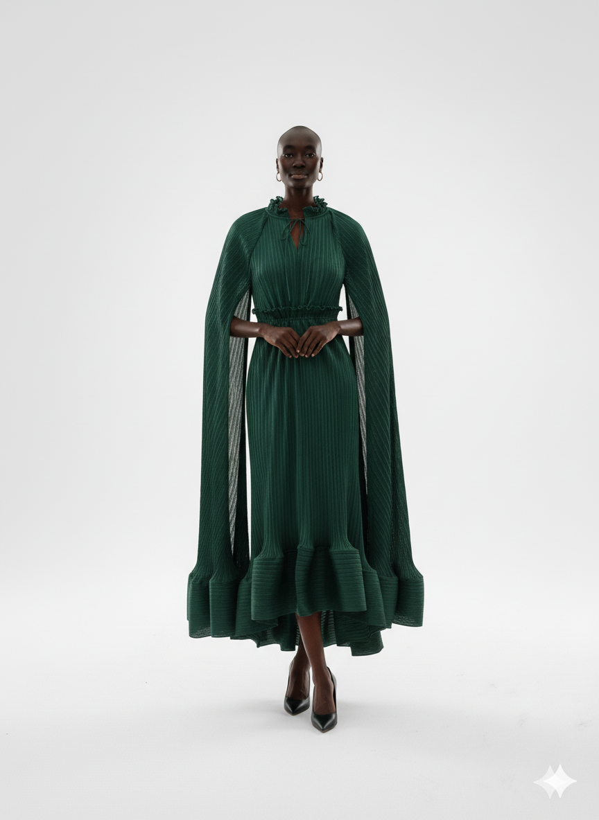 Emerald Green Pleated A-Line Dress