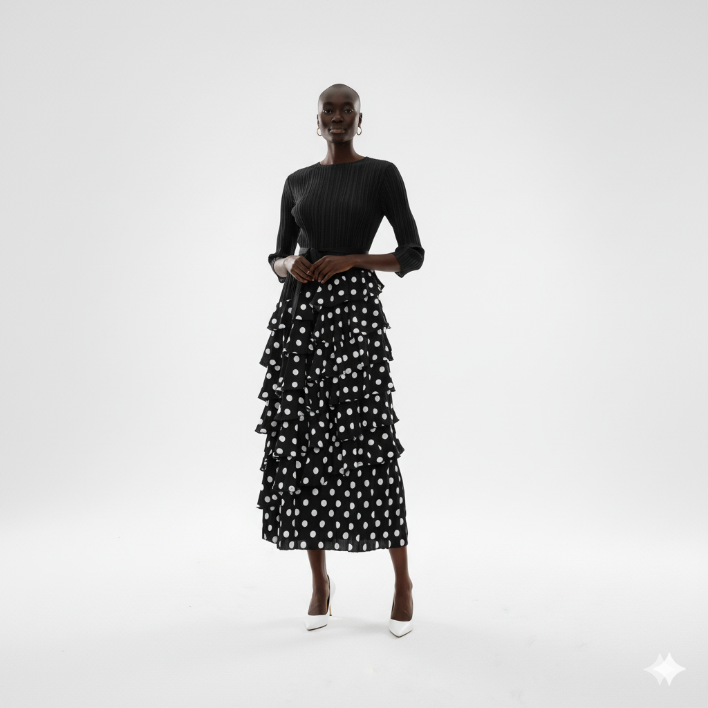 Black Polka Dot Ruffle Tiered Midi Dress