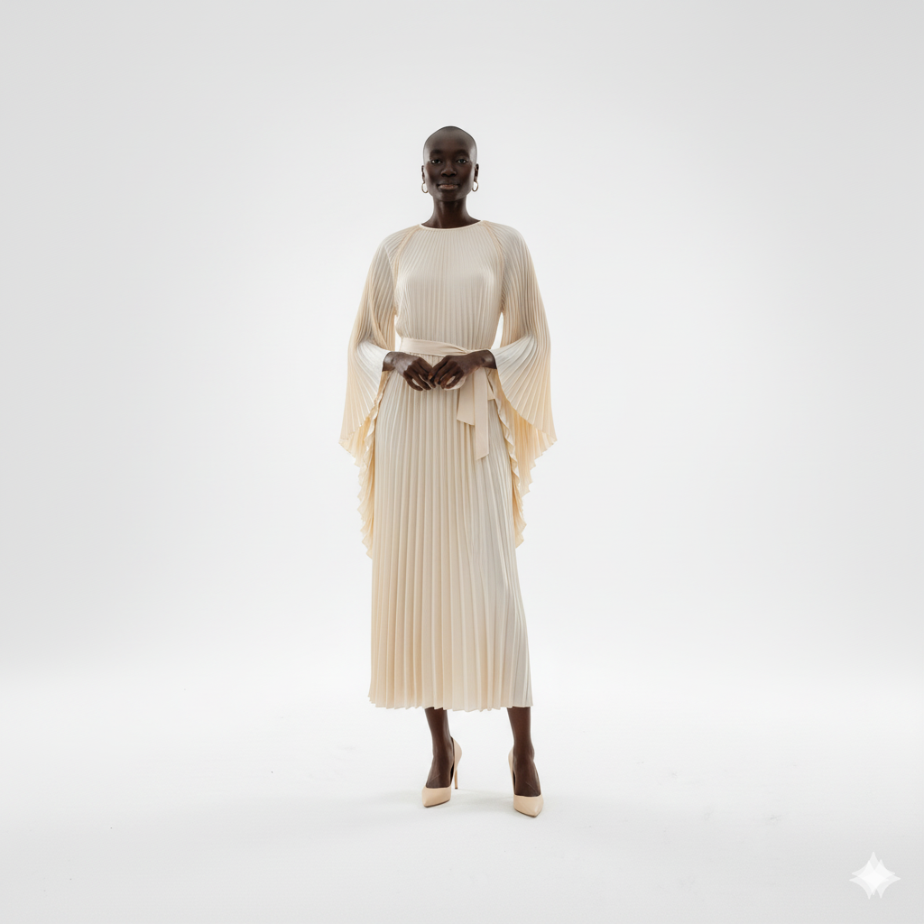 Elegant Cream Pleated Midi Dress