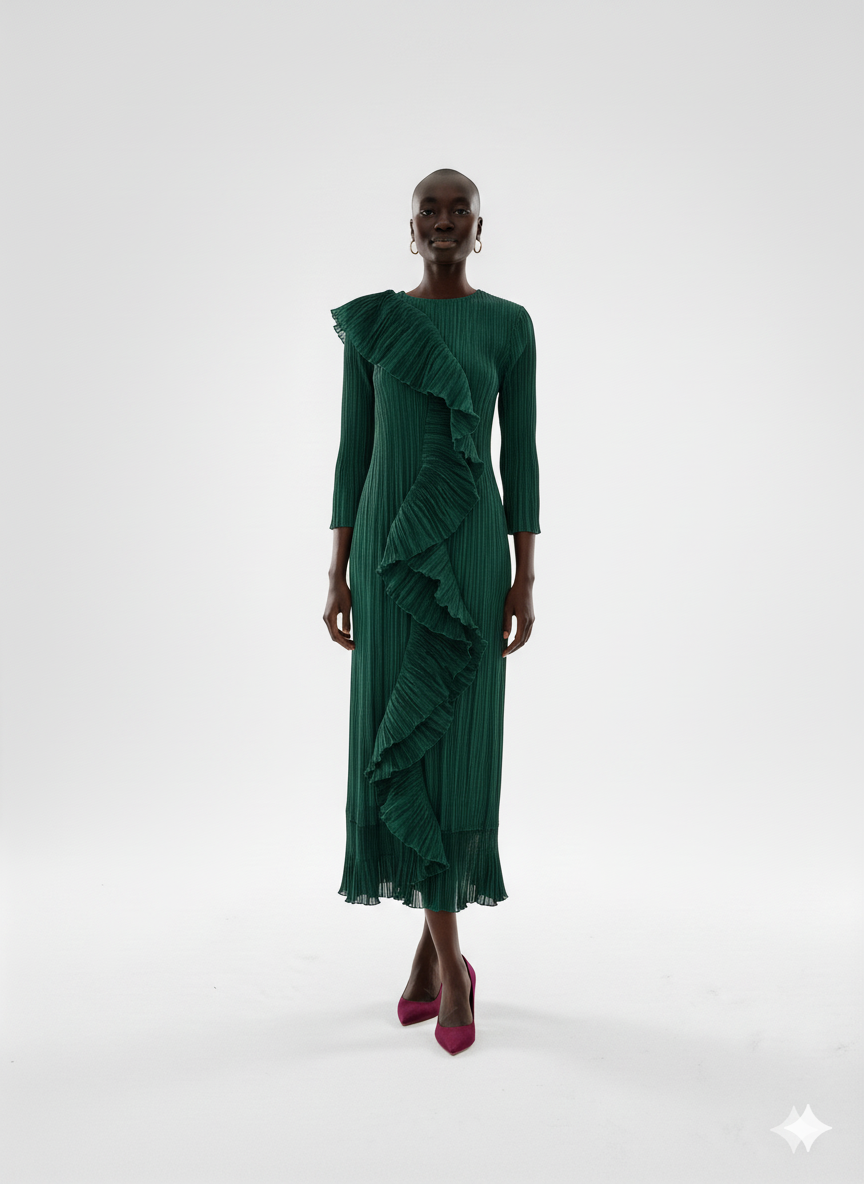 Elegant Forest‑Pleated Ruffle Midi Dress