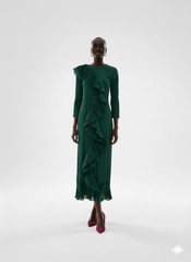 Elegant Forest‑Pleated Ruffle Midi Dress
