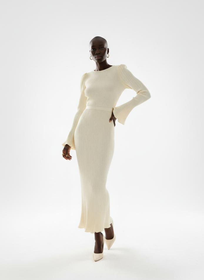 Elegant Ivory Pleated Maxi Dress