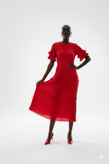 Elegant Pleated Tiered Red Midi Dress