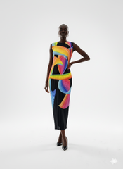 Sleeveless Abstract Rainbow Print Pleated Maxi Dress