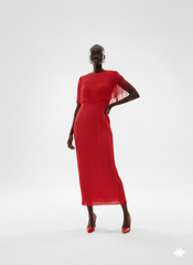 Red Ruffled Fringe High‑Neck Pleated Midi Dress