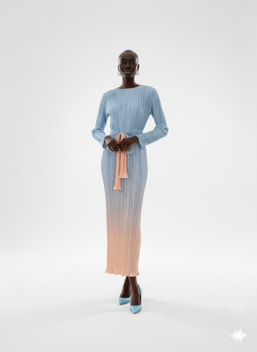 Sky‑To‑Sand Pastel Ombre Pleated Dress