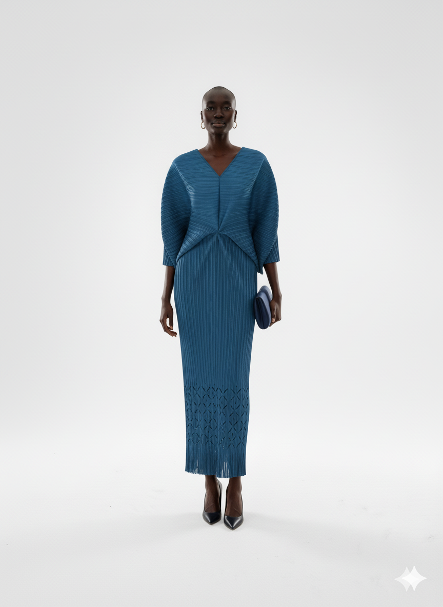 Teal Sculpted Pleated Kaftan Dress
