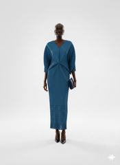 Teal Sculpted Pleated Kaftan Dress