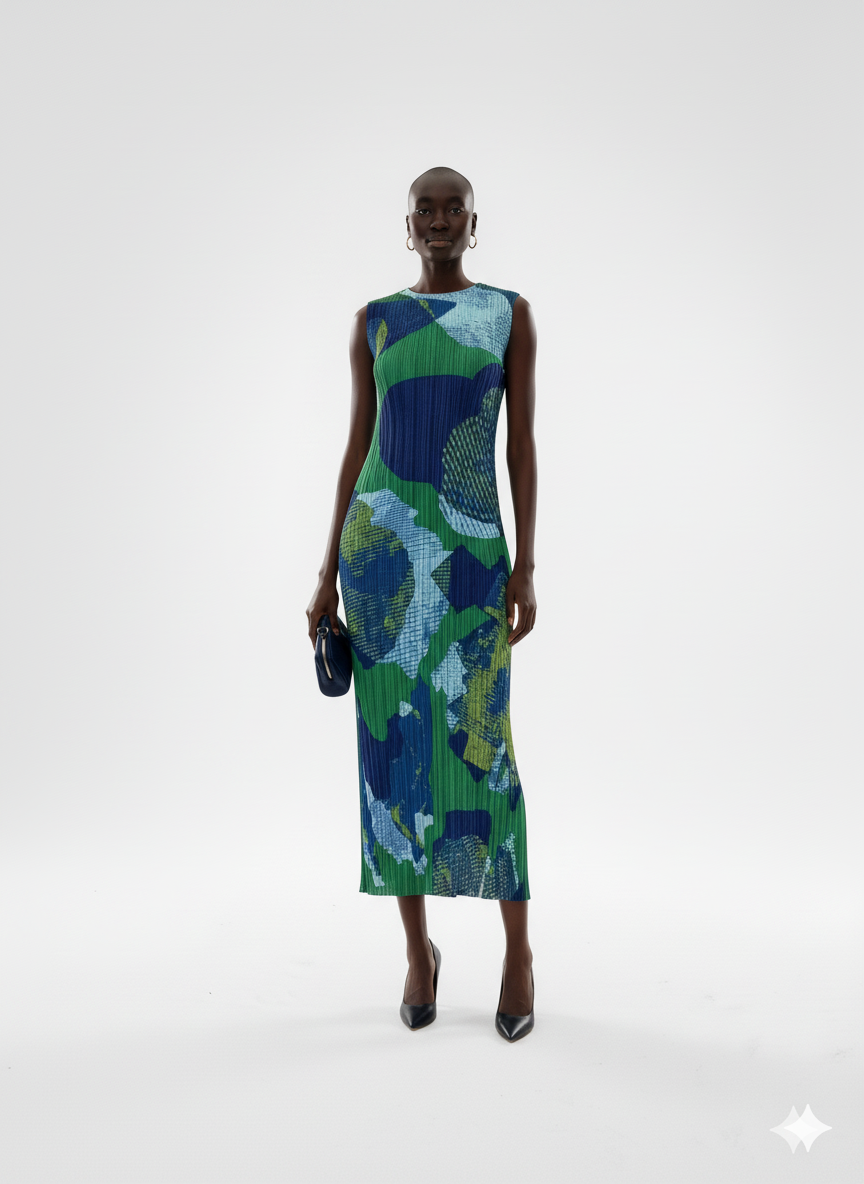 Abstract Jungle Pleated Midi Dress
