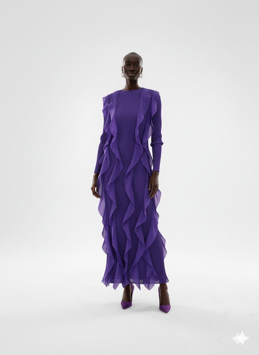 Royal Purple Sculpted Ruffle Pleated Dress