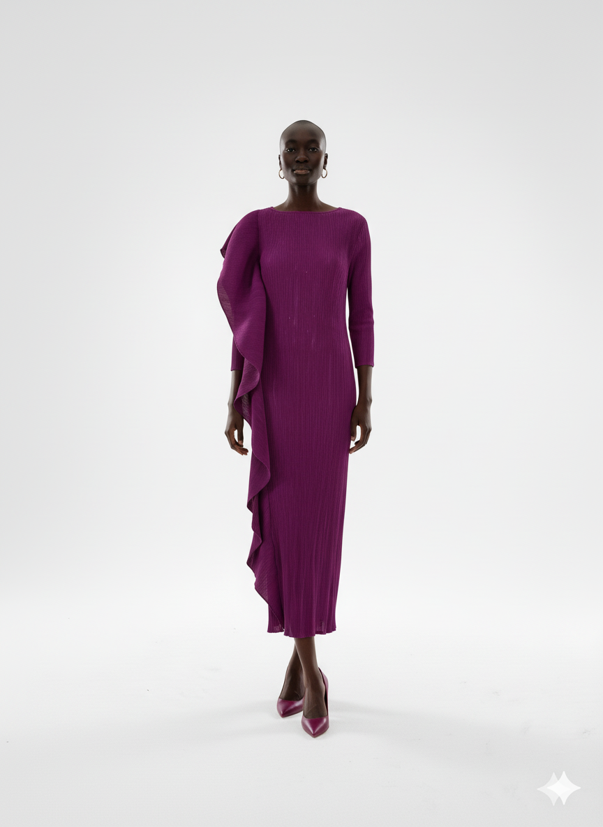 Elegant Plum Asymmetric Pleated Gown