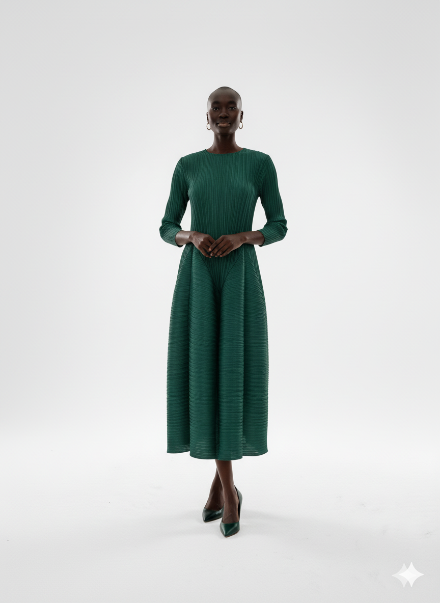 Olive Pleated Fit and Flare Midi Dress