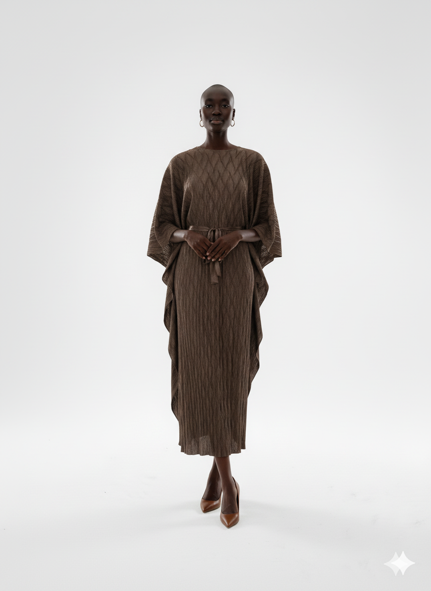 Mocha Textured Kaftan Pleated Dress