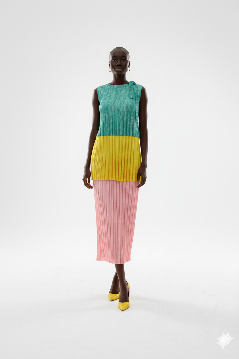 Colorblock Metallic Pleated Dress