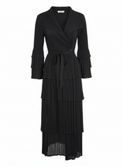 Tiered Black Pleated Wrap Midi Dress