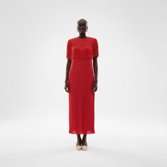 Red Ruffled Fringe High‑Neck Pleated Midi Dress