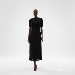 Red Ruffled Fringe High‑Neck Pleated Midi Dress