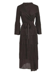 Tiered Black Pleated Wrap Midi Dress