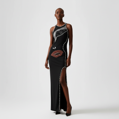 Abstract Face Art Slit Maxi Dress