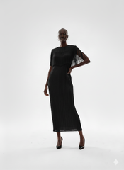 Red Ruffled Fringe High‑Neck Pleated Midi Dress