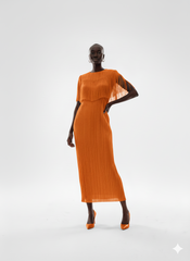 Red Ruffled Fringe High‑Neck Pleated Midi Dress