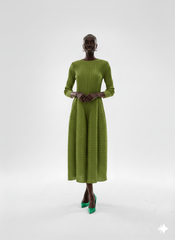 Olive Pleated Fit and Flare Midi Dress