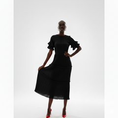 Elegant Pleated Tiered Red Midi Dress
