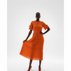 Elegant Pleated Tiered Red Midi Dress