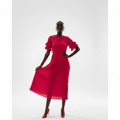 Elegant Pleated Tiered Red Midi Dress