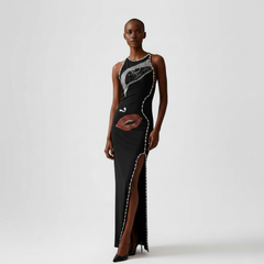 Abstract Face Art Slit Maxi Dress