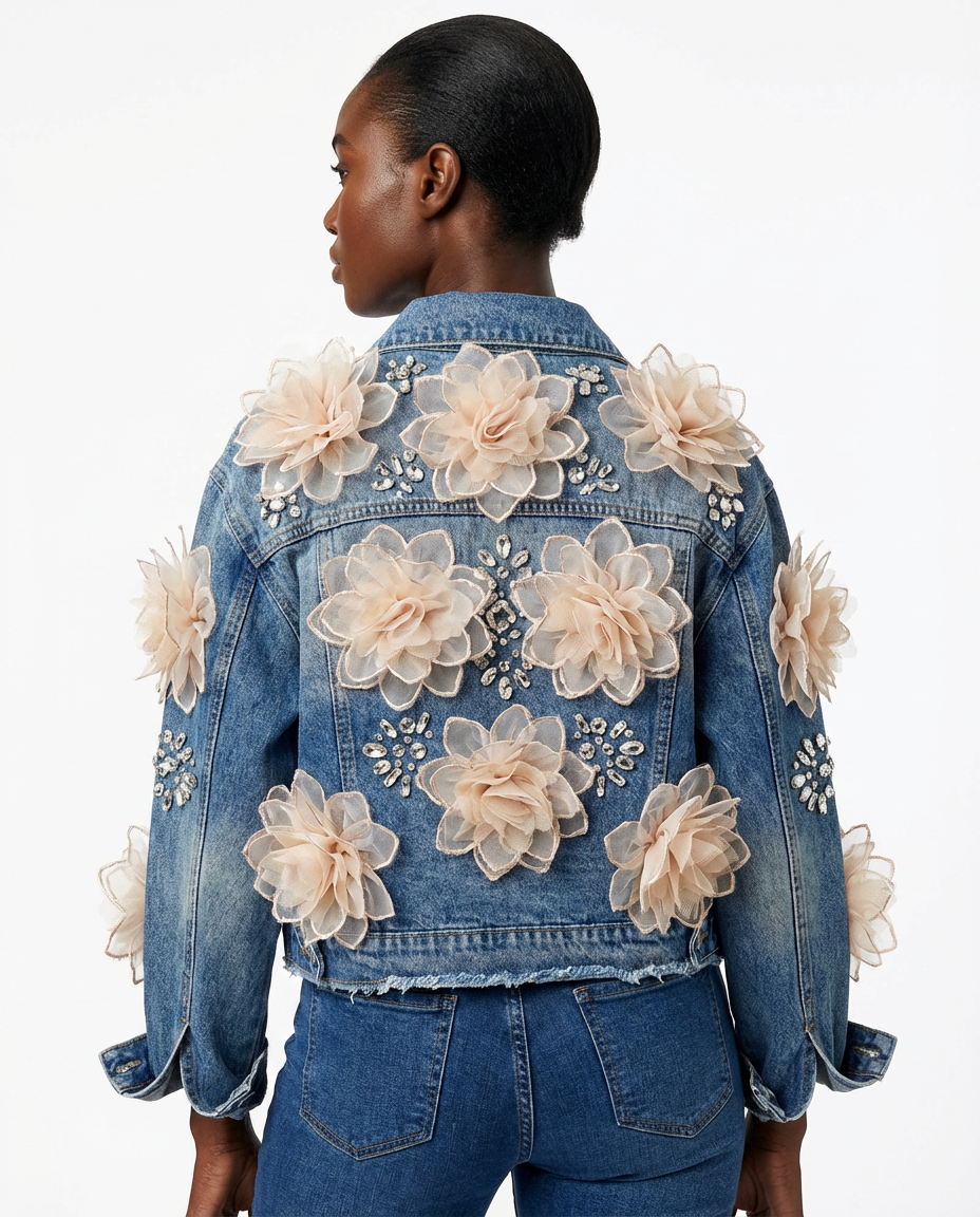 DEAT Women's Denim Coat Feather 3d Flowers Diamonds Female Long Sleeve Single Breasted Jackets 2026 Spring New Fashion 29A5797 - back