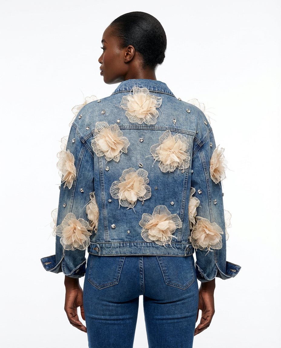 DEAT Women's Denim Coat Feather 3d Flowers Diamonds Female Long Sleeve Single Breasted Jackets 2026 Spring New Fashion 29A5797 - back - Blue