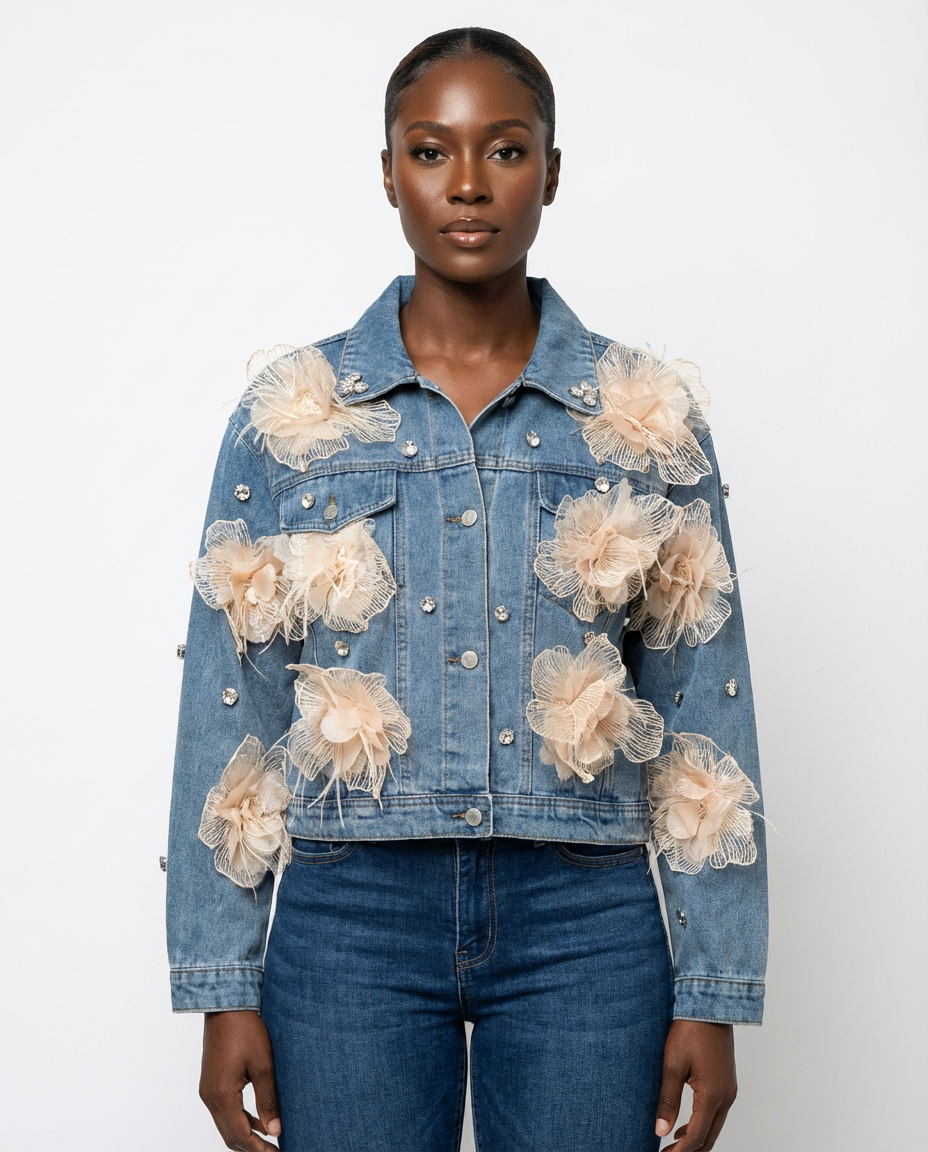 DEAT Women's Denim Coat Feather 3d Flowers Diamonds Female Long Sleeve Single Breasted Jackets 2026 Spring New Fashion 29A5797 - front